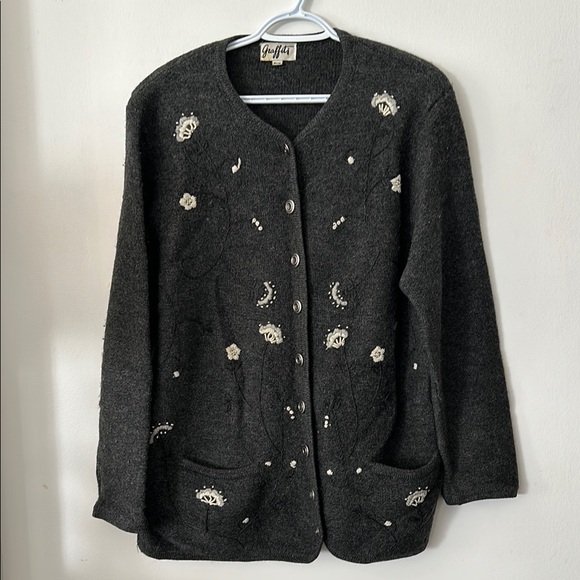 graffiti Sweaters - GRAFFITI Gray flower Embellished Women's 100% wool cardigan vintage